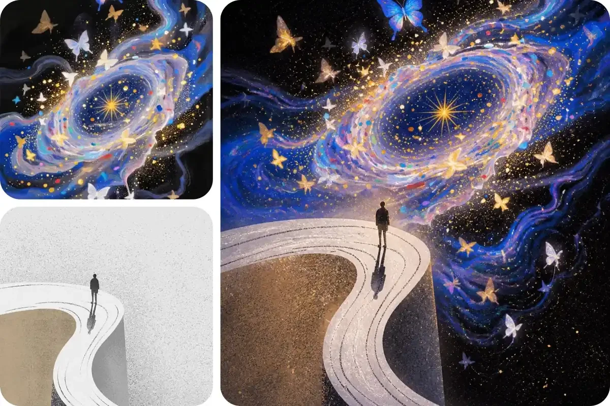 将星系艺术图与弧形步道上的孤身人物融合成超现实场景