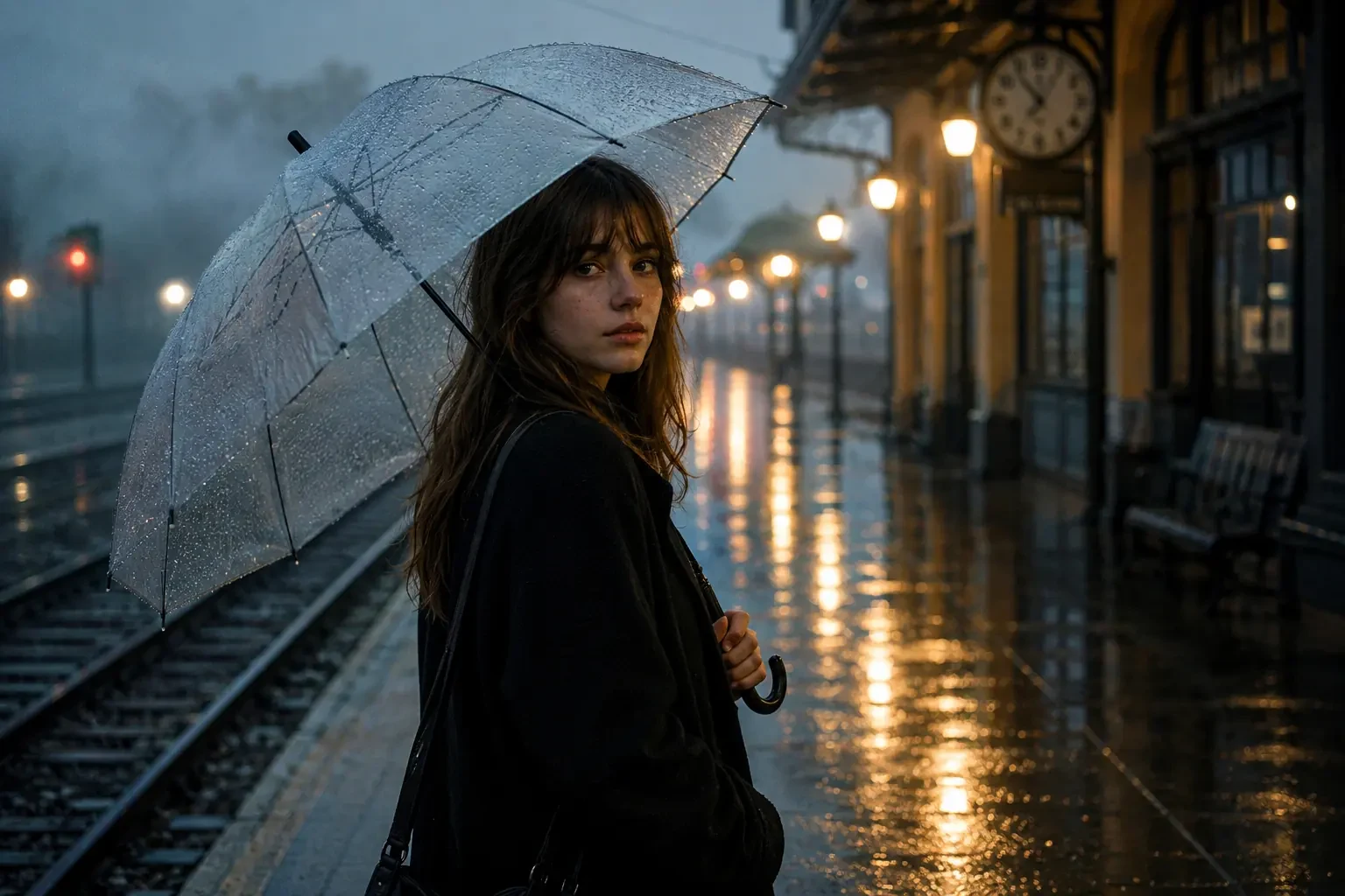 雨中的火车站台上，一位女性撑着透明雨伞，呈现电影感人像效果